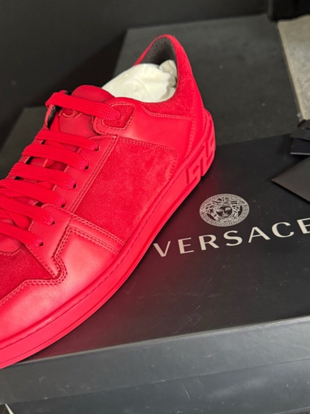 Versace Red Low-Top Leather & Suede Sneaker